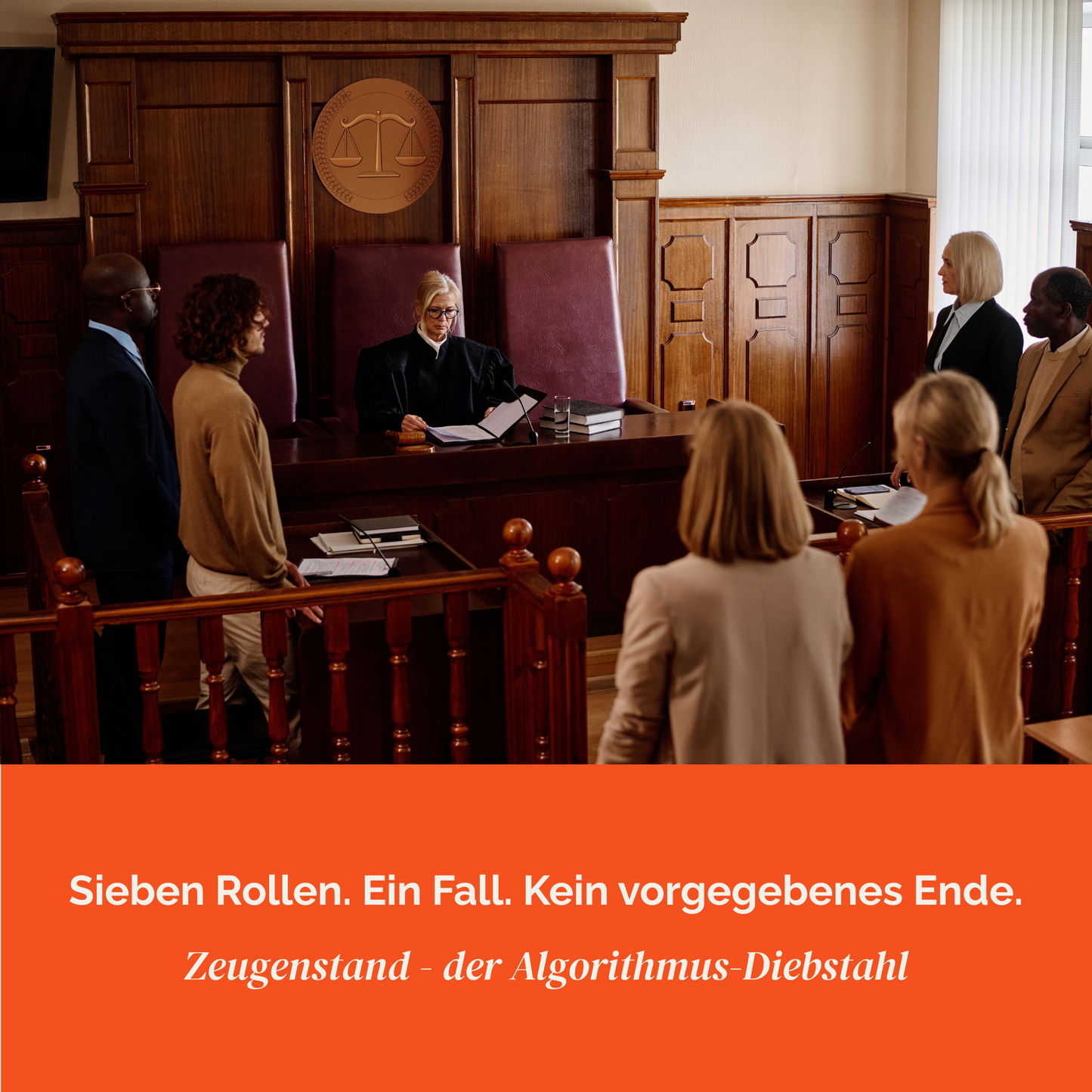 Fiktiver Gerichtssaal in dem Menschen einen Fall verhandeln, so fühlen sich die Spieler von Curtain Call im Zeugenstand