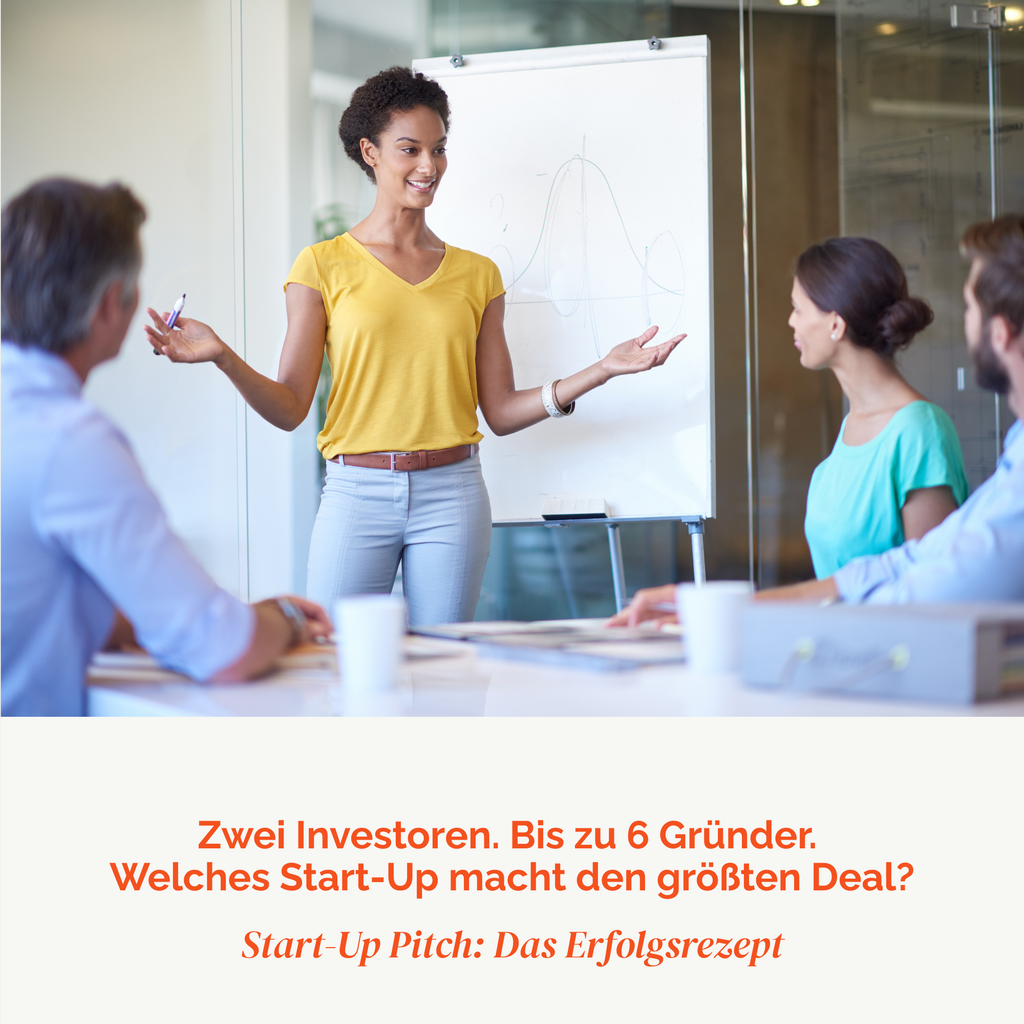 Eine Frau macht einen Pitch vor anderen Leuten. Der Text: 2 Investoren, bis zu 6 Gründer. Wer macht den besten Deal?